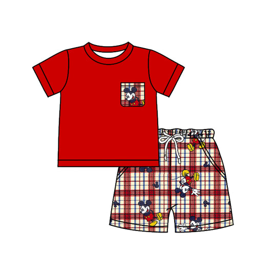 Baby Boys Red Checkered Cartoon Mouse Pocket Shirt Shorts Clothes Sets preorder (moq 5)