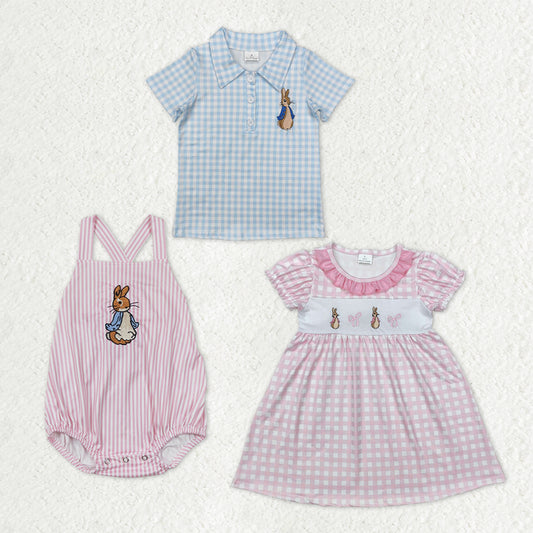 Sibling Baby Kids Embroidery Bows Rabbits Button Easter Polo Shirt Knee Length Dress Rompers