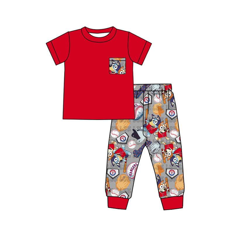 Baby Boys Red Short Sleeve Tee Top Dog Baseball Pants Pajamas Clothes Sets Preorder(moq 5)