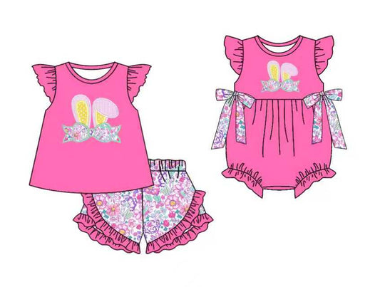 Preorder moq 5 (each item)Baby Girls Flutter Sleeve Floral Bows Rabbits Ruffle Shorts Easter Clothes Sets Bows Rompers