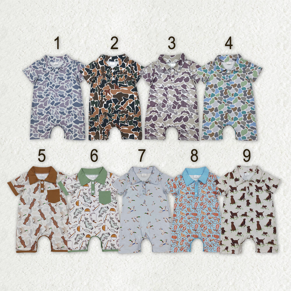 Sibling Baby Boys Short Sleeves Ducks Fishing Camo Hunting Button Rompers