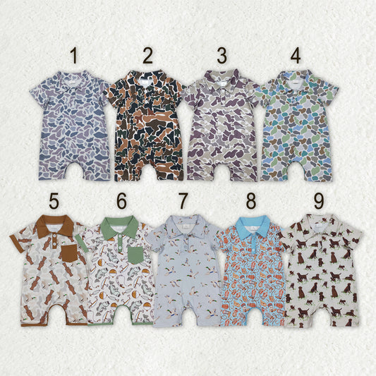 Sibling Baby Boys Short Sleeves Ducks Fishing Camo Hunting Button Rompers