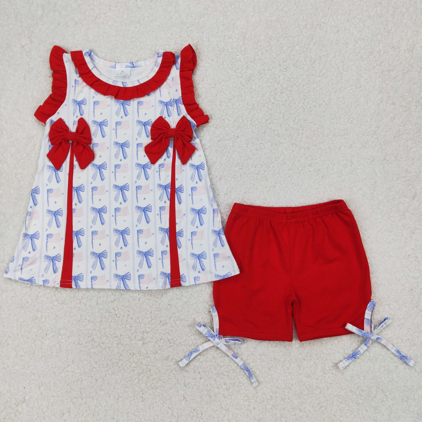 Baby Girls Red Blue Bows Flags Tunic Ruffle Shorts 4th Of July Set