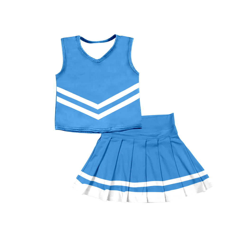 Preorder (moq 5)Baby Girls Blue Sleeveless Team Vest Pleated Skorts Set