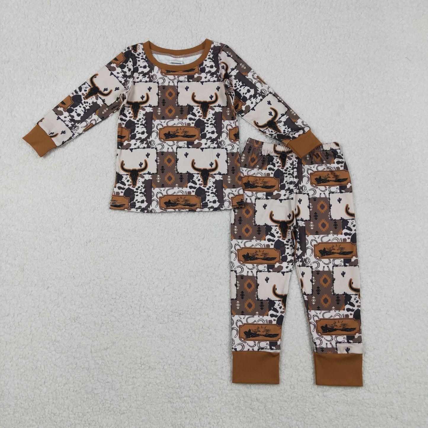 Baby Boys Bull Skull Aztec Checked Top Pants Western Pajamas Set