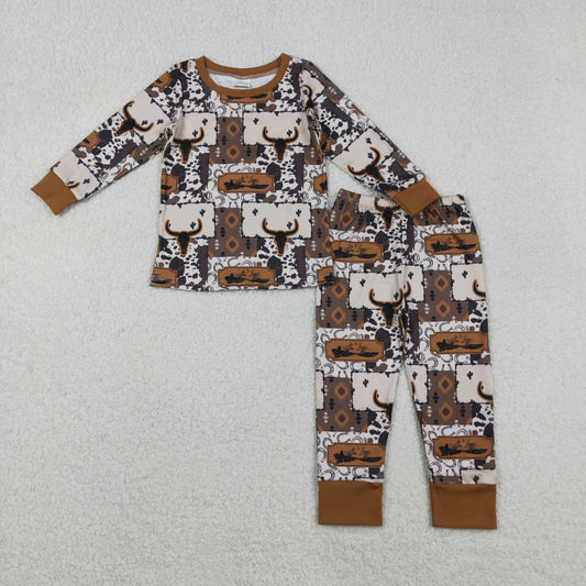 Baby Boys Bull Skull Aztec Checked Top Pants Western Pajamas Set