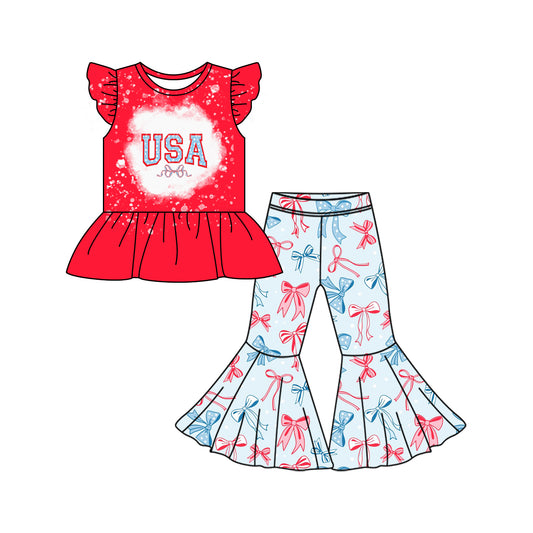 Preorder (moq 5)Baby Girls USA Shirt Top Bows Bell Pants Clothes Sets