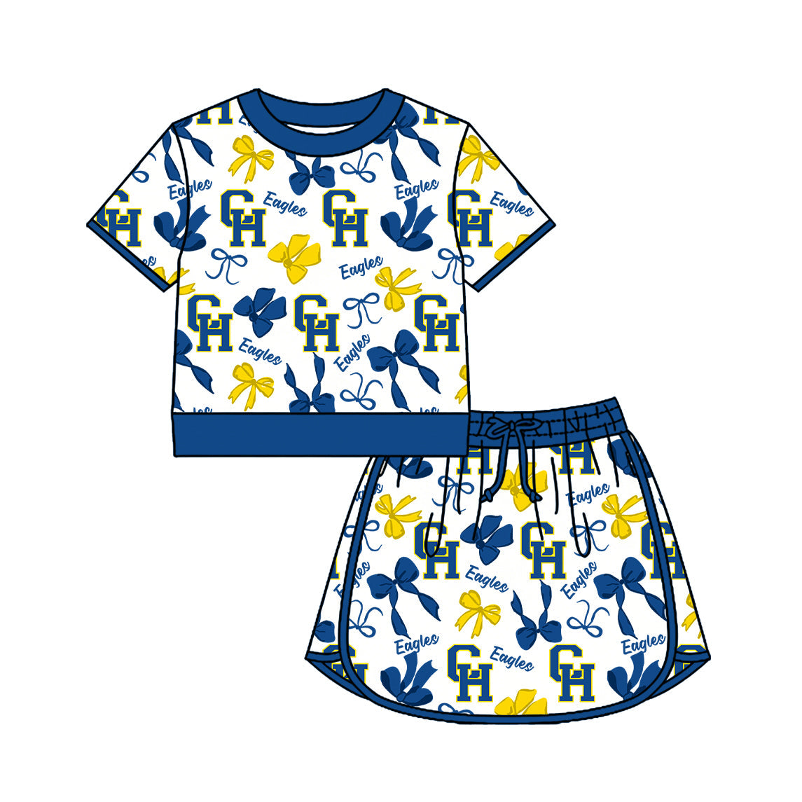 Preorder (moq 5)Baby Girls Bows CH Eagles Top Skirt Short Team Clothes Set