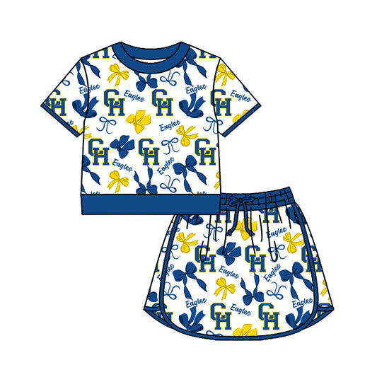 Preorder (moq 5)Baby Girls Bows CH Eagles Top Skirt Short Team Clothes Set