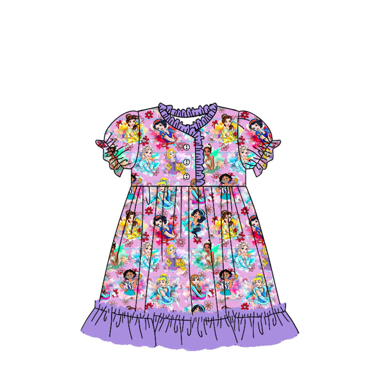 Preorder (moq 5)Baby Girls Princess Purple Ruffles Knee Length Dresses
