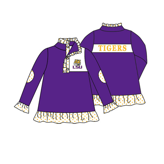 Preorder (moq 5)Baby Girls Purple Long Ruffle Sleeve LSU Tigers Team Zip Pullovers Top