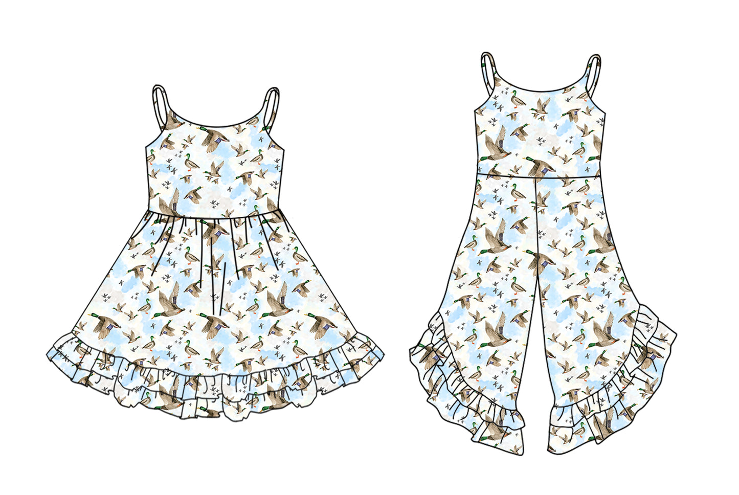 Preorder moq 5 Custom Baby Girls Strap Ducks Ruffle Jumpsuits Knee Length Dress