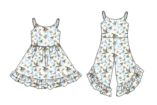 Preorder moq 5 Custom Baby Girls Strap Ducks Ruffle Jumpsuits Knee Length Dress