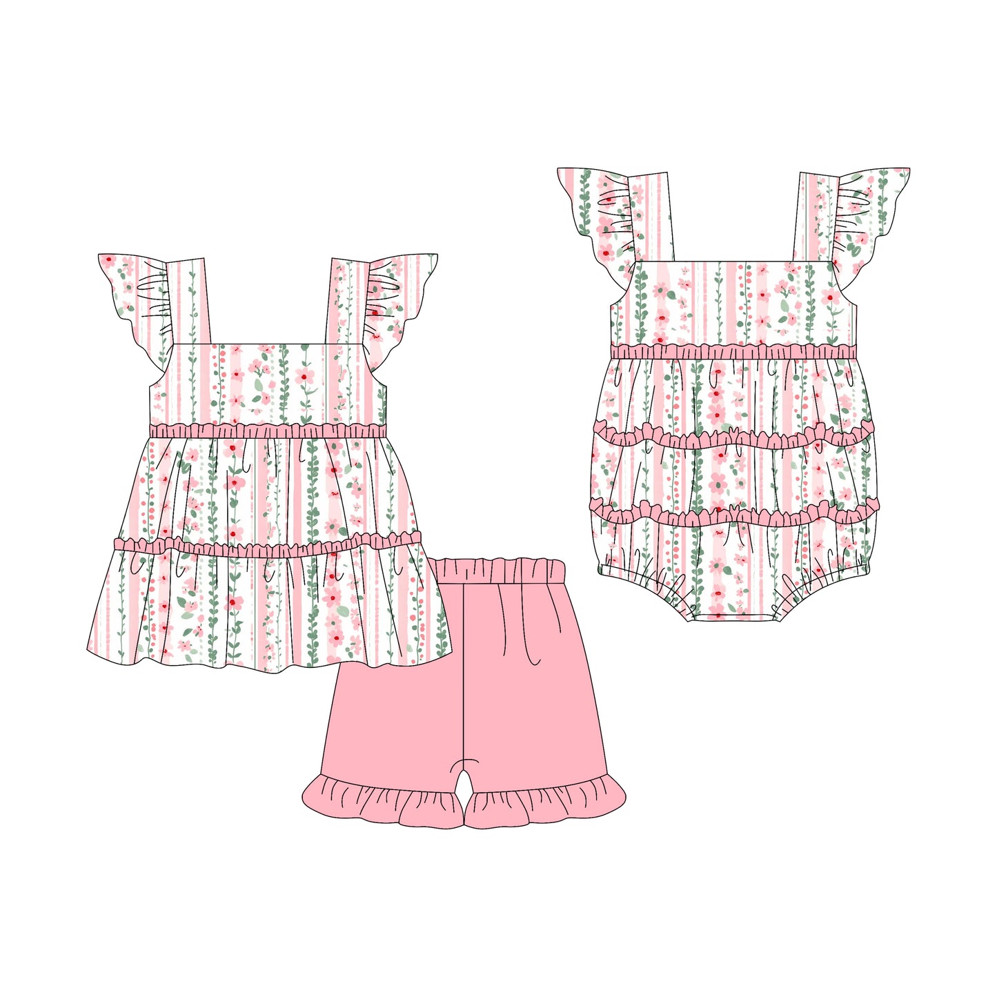 Preorder moq 5 Custom Baby Girls Flutter Sleeves Pink Floral Strip Tunic Ruffle Short Set Rompers