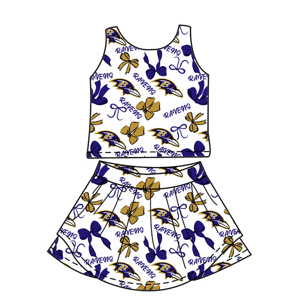 Preorder (moq 5)Baby Girls Hot Blue Sleeveless Ravens Bows Vests Top Skorts Team Set