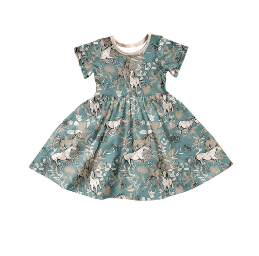 Baby Girls Horse Flowers Short Sleeve Knee Length Dresses Preorder(moq 5)