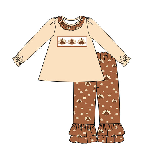 Baby Girls Thanksgiving Turkey Tunic Ruffle Pants Clothes Sets Preorder(moq 5)