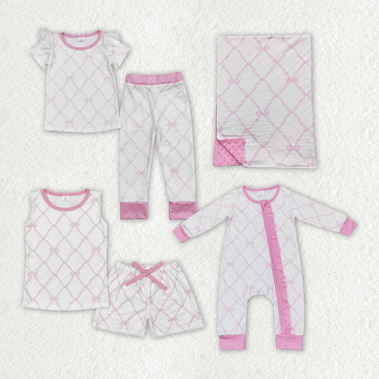 Baby Girls Bamboo Pink Bows Sibling Rompers Bamboo Pajamas Clothes Sets