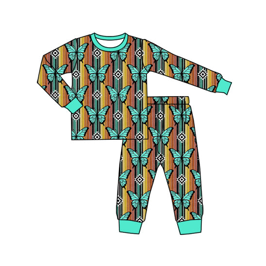 Preorder (moq 5)Baby Boys Long Sleeves Green Stripes Aztec Butterfly Top Pants Pajamas Set