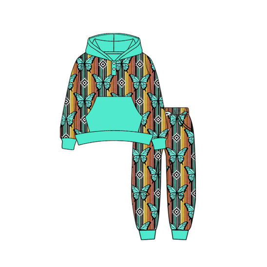 Preorder (moq 5)Baby Boys Long Sleeves Green Stripes Aztec Butterfly Button Pockets Hoodies Pant Set