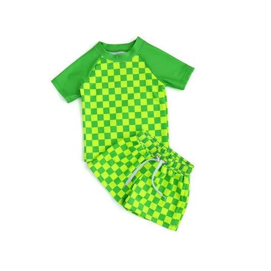 Baby Boys Green Checkered Top Shorts Swimsuits Preorder(moq 5)