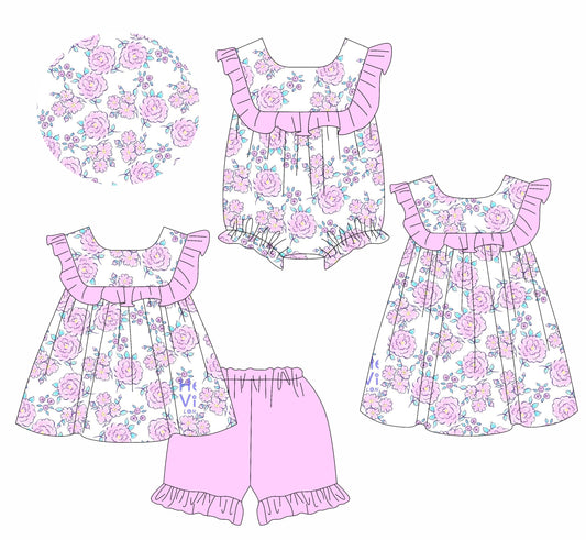 Preorder moq 5 Custom Baby Girls Lavender Sleeveless Floral Tunic Ruffle Short Set Knee Length Dress Rompers