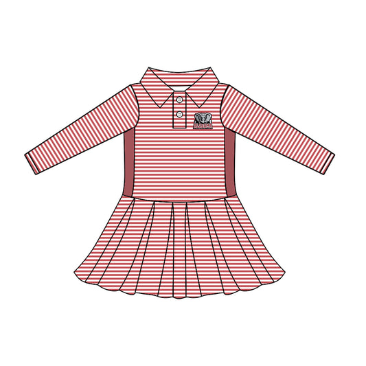 Preorder (moq 5)Baby Girls Long Sleeve Stripe Button Alabama Team Knee Length Dresses
