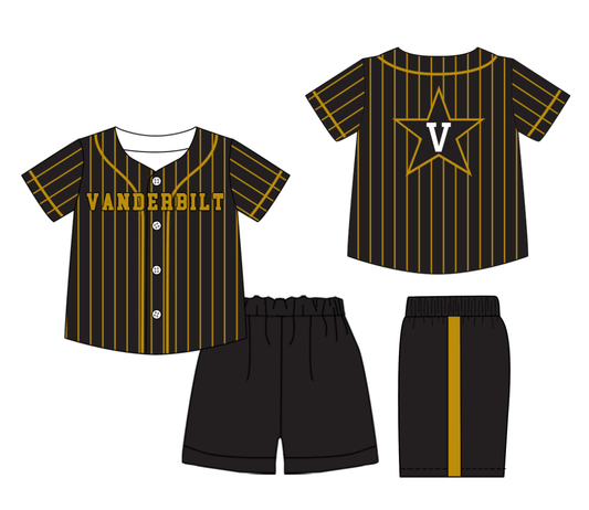 Preorder (moq 5)Baby Boys Gold Stripe Vanderbilt Button Top Shorts Team Clothes Sets