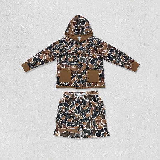 Baby Boys Long Sleeve Southern Dark Brown Camo Pockets Button Hoodies Shorts Clothes Sets