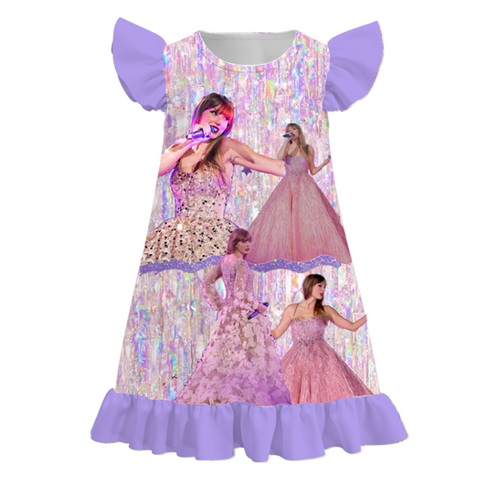 Baby Girls Purple Singer 1989 Flutter Sleeve Knee Length Dresses Preorder(moq 5)