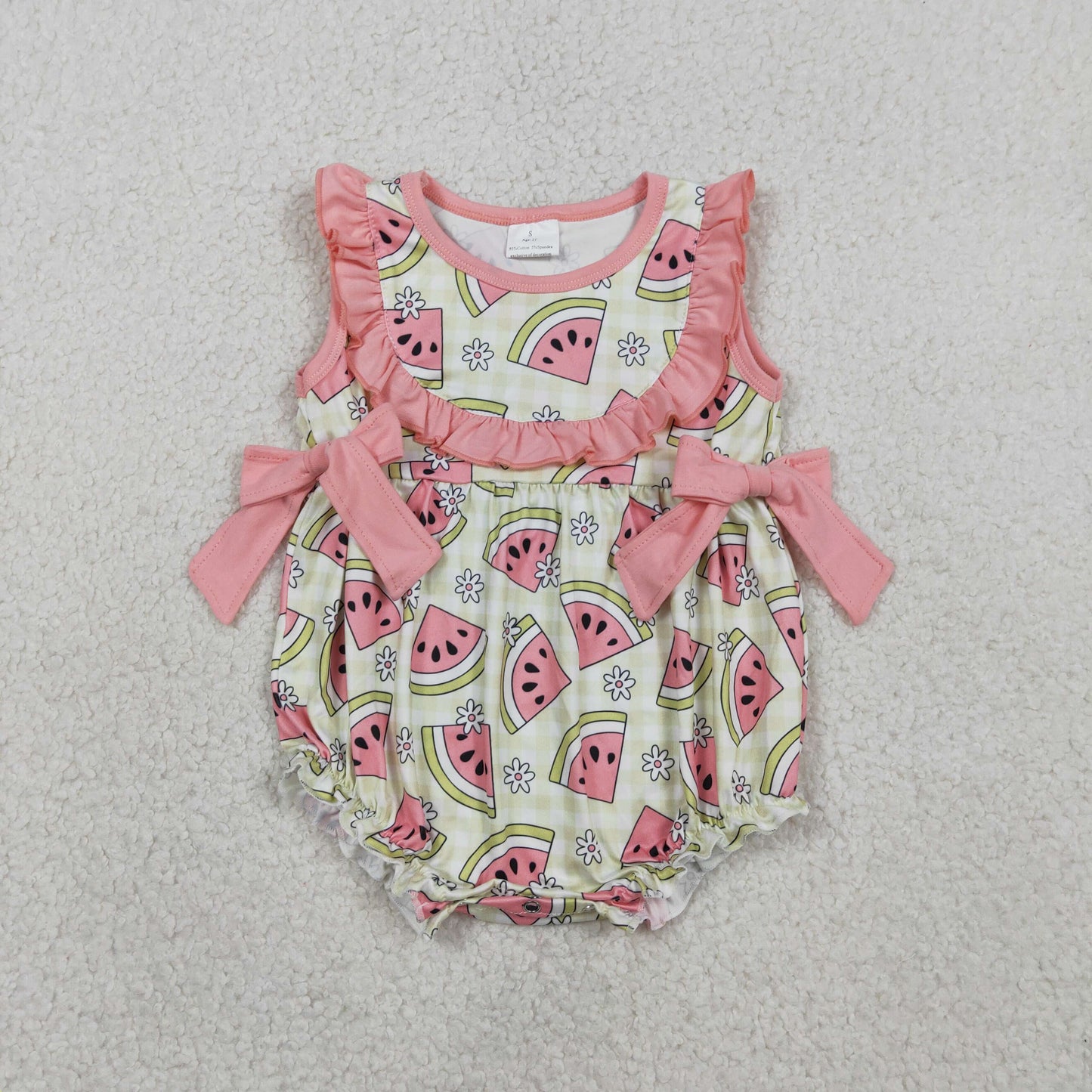 Baby Girls Sleeveless Green Checked Watermelons Ruffle Rompers
