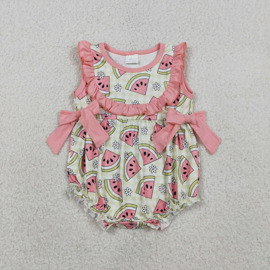 Baby Girls Sleeveless Green Checked Watermelons Ruffle Rompers