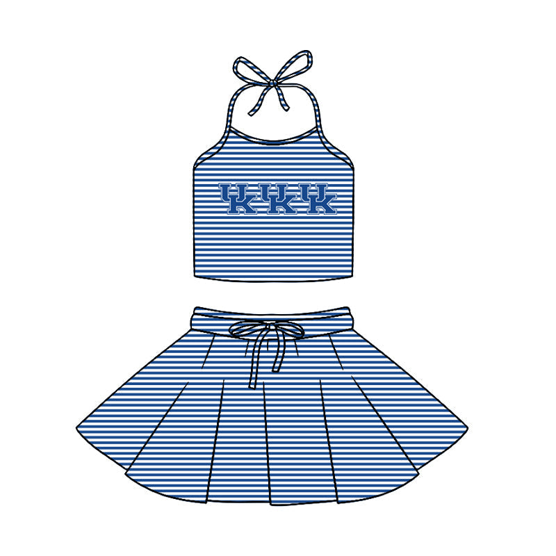 Preorder (moq 5)Baby Girls Strap Blue Stripe UK Vest Top Skirt Shorts 2 Piece Team Swimsuits