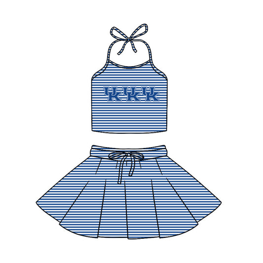 Preorder (moq 5)Baby Girls Strap Blue Stripe UK Vest Top Skirt Shorts 2 Piece Team Swimsuits