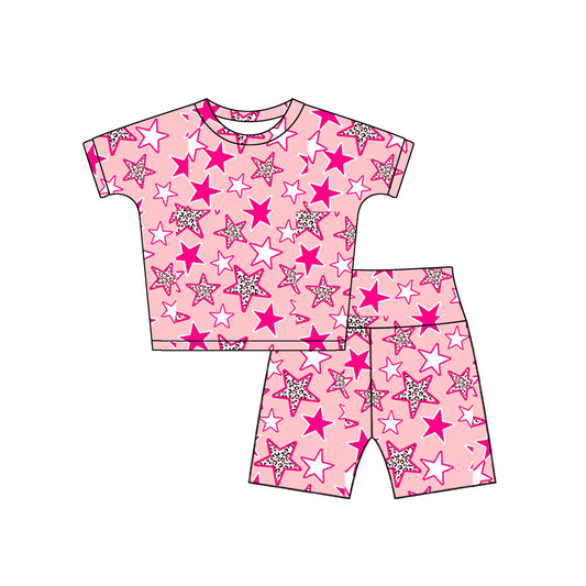Preorder (moq 5)Baby Girls Pink Short Sleeves Stars Top Short Pajamas Set Preorder