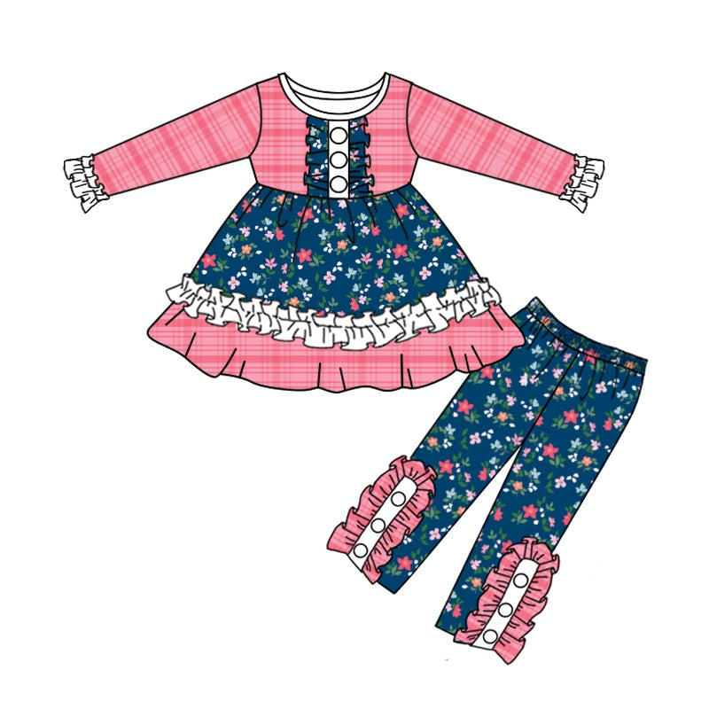 Baby Girls Pink Navy Floral Tunic Ruffle Pants Clothes Sets Preorder(moq 5)