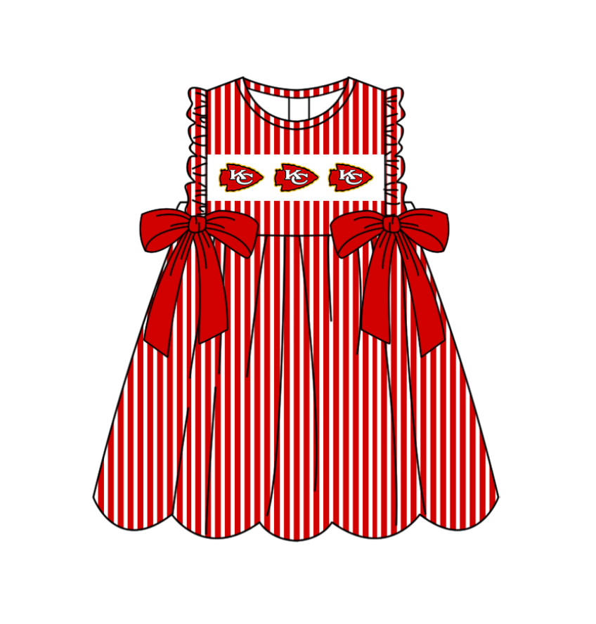 Preorder (moq 5)Baby Girls Sleeveless Red Stripe KC Bows Team Knee Length Dresses