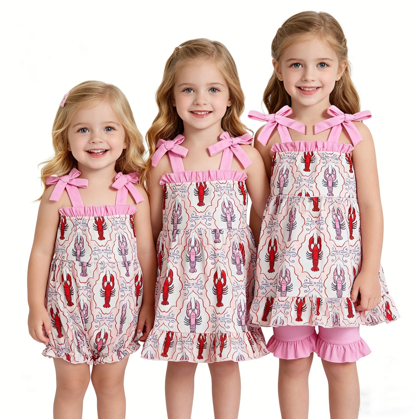 Sibling Baby Girls Crayfishes Bows Checked Tunic Ruffle Short Clothes Set Dress Rompers
