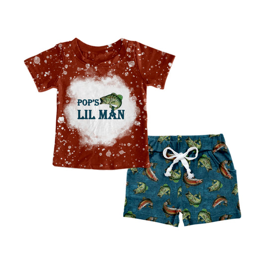 Baby Boys Pop's LIL Man Dark Red Tee Fishing Shorts Clothing Sets Preorder(moq 5)