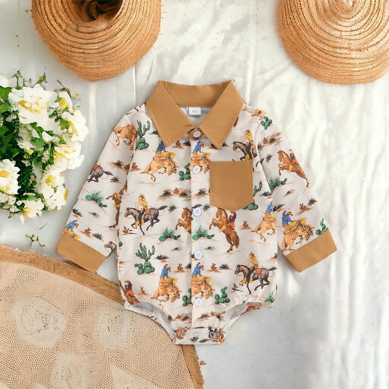 Baby Infant Boys Western Rodeo Cactus Pockets Rompers preorder(moq 5)