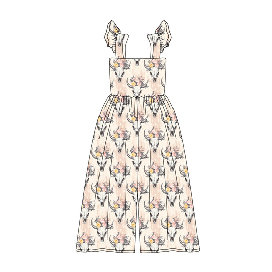 Preorder (moq 5)Baby Girls Pink Flutter Sleeves Bull Skulls Floral Bell Bottom Jumpsuits