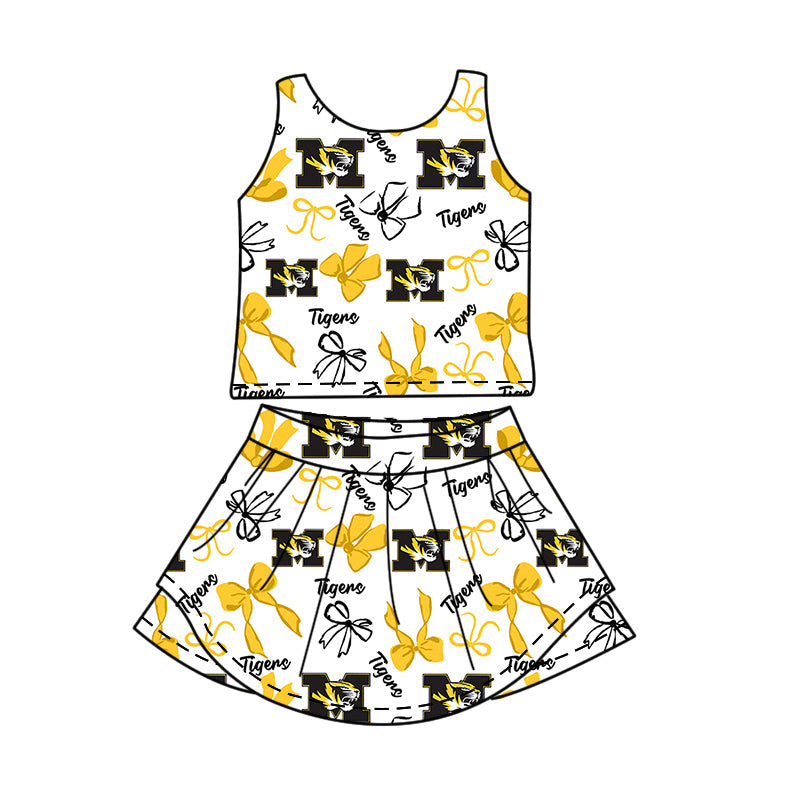 Preorder (moq 5)Baby Girls Sleeveless Bows Tigers Top Skirt Shorts Team Clothes Sets