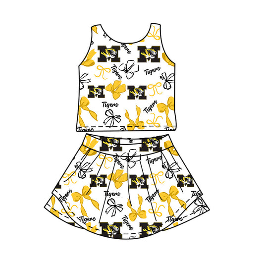 Preorder (moq 5)Baby Girls Sleeveless Bows Tigers Top Skirt Shorts Team Clothes Sets
