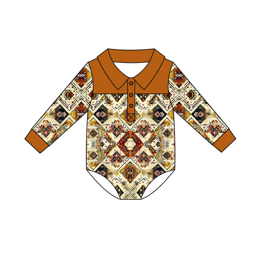 Preorder (moq 5)Baby Boys Long Sleeve Colorful Aztec Western Button Hunting Rompers
