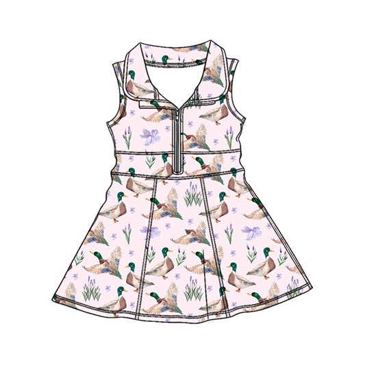 Preorder (moq 5)Baby Girls Purple Bows Ducks Hunting Zipper Knee Length Dresses