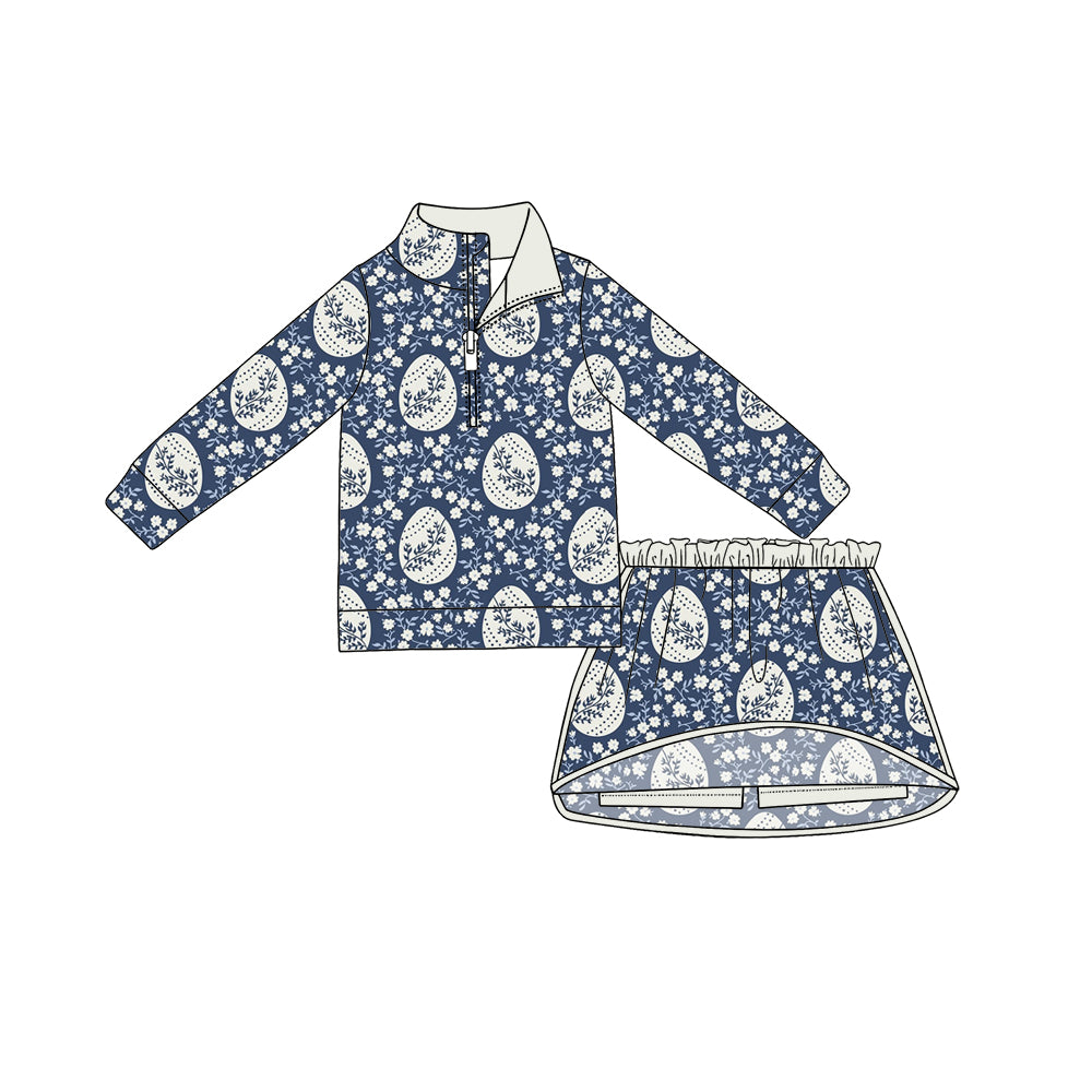 Preorder (moq 5) Girls’ Easter Floral Half-Zip Top & Skirt Set, Festive Holiday Outfit