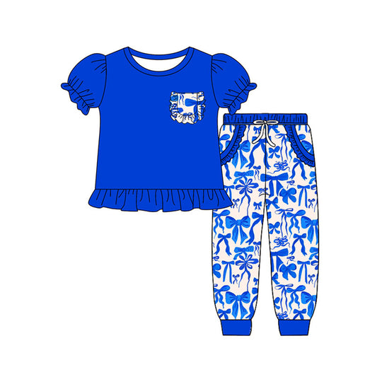 Preorder(moq 8)Baby Girls Pocket Ruffle Top Hot Blue Bows Jogger Pants Clothes Sets