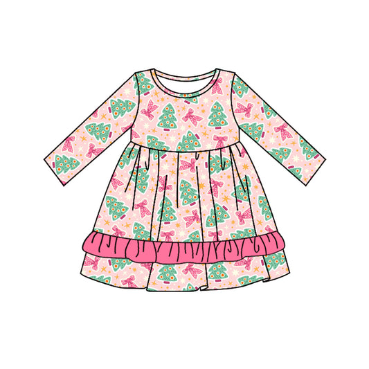 Preorder moq 5 Baby Girls Pink Long Sleeves Trees Bows Ruffle Knee Length Dresses
