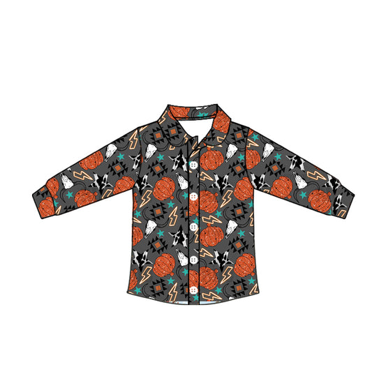 Preorder moq 10 Baby Boys Gray Long Sleeves Pumpkins Aztec Button Shirts Top