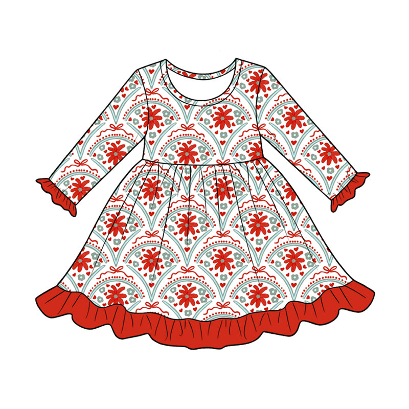 Preorder (moq 5)Baby Girls Bows Hearts Flowers Valentines Ruffle Knee Length Dress
